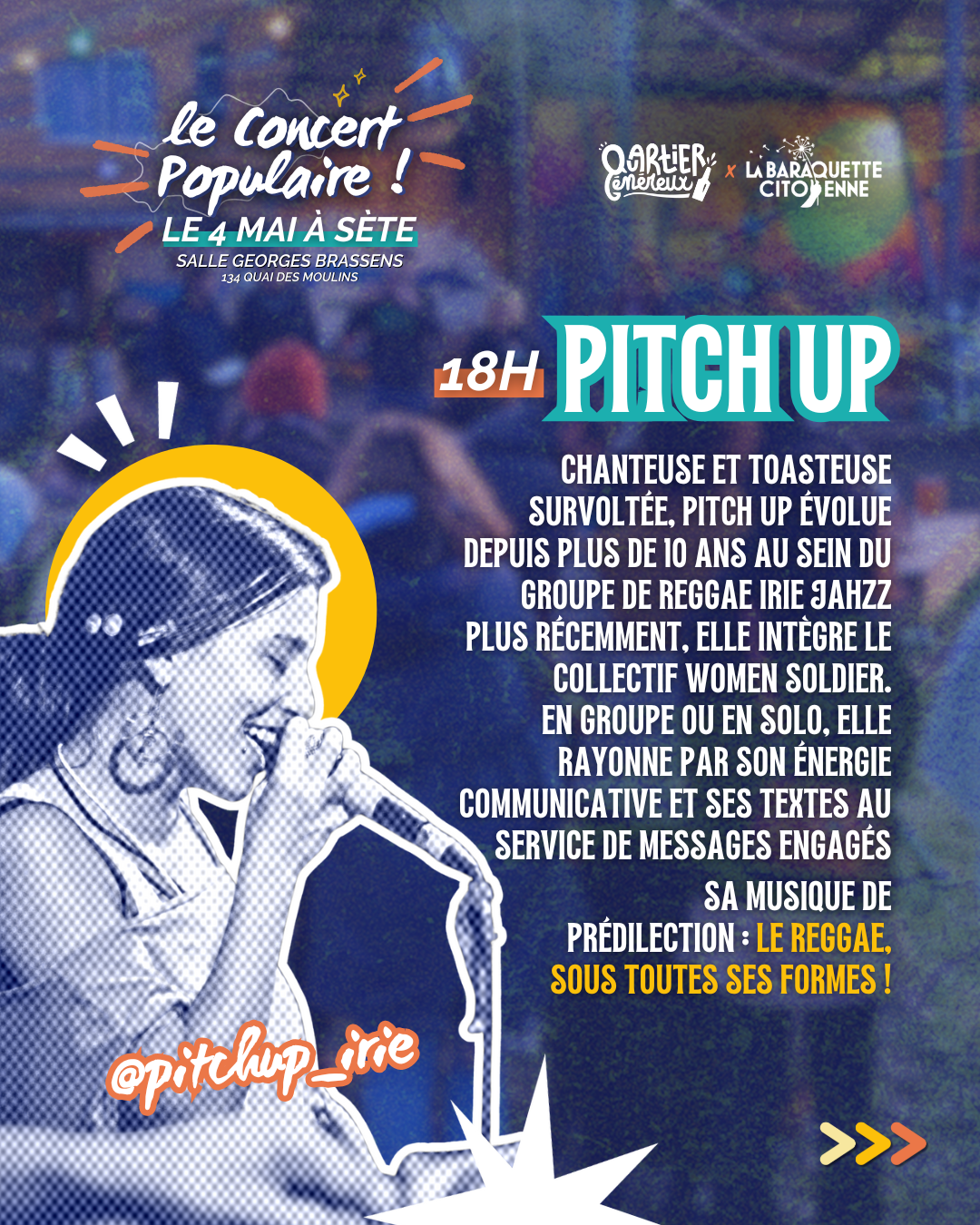 chanteuse et toasteuse survoltée, Pitch Up évolue depuis plus de 10 ans au sein du groupe de reggae Irie Jahzz. Plus récemment, elle intègre le collectif Women Soldier. En groupe ou en solo, elle rayonne par son énergie communicative et ses textes au service de messages engagés